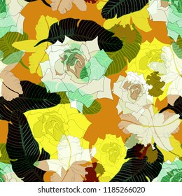 Beautiful seamless floral pattern background. Tropical flowers vector illustration.