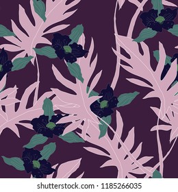 Beautiful seamless floral pattern background. Tropical flowers vector illustration.