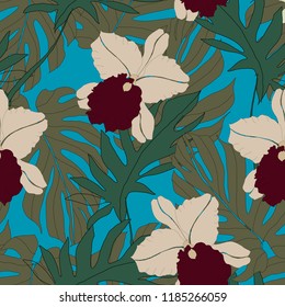 Beautiful seamless floral pattern background. Tropical flowers vector illustration.
