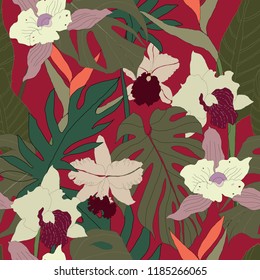 Beautiful seamless floral pattern background. Tropical flowers vector illustration.