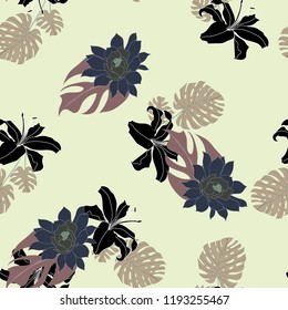 Beautiful seamless floral pattern background. Tropical flowers vector illustration.
