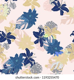 Beautiful seamless floral pattern background. Tropical flowers vector illustration.
