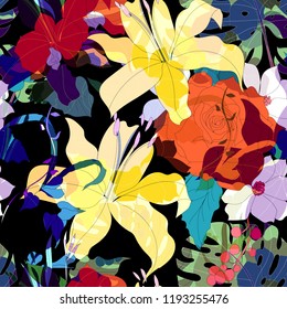 Hermoso fondo floral sin fisuras. Ilustración vectorial de flores tropicales.
