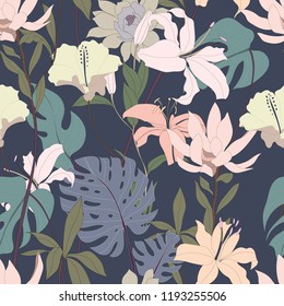 Beautiful seamless floral pattern background. Tropical flowers vector illustration.
