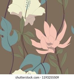 Beautiful seamless floral pattern background. Tropical flowers vector illustration.
