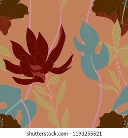 Beautiful seamless floral pattern background. Tropical flowers vector illustration.
