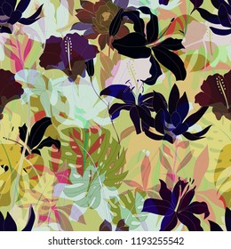Beautiful seamless floral pattern background. Tropical flowers vector illustration.
