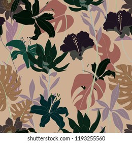 Beautiful seamless floral pattern background. Tropical flowers vector illustration.
