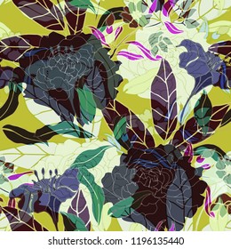 Beautiful seamless floral pattern background. Tropical flowers vector illustration.
