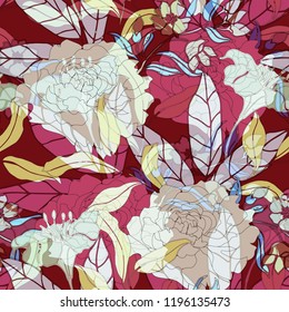 Beautiful seamless floral pattern background. Tropical flowers vector illustration.
