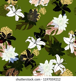 Beautiful seamless floral pattern background. Tropical flowers vector illustration.
