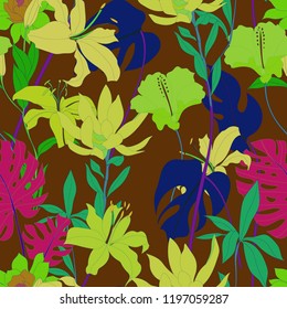 Beautiful seamless floral pattern background. Tropical flowers vector illustration.
