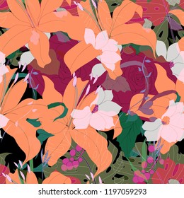 Beautiful seamless floral pattern background. Tropical flowers vector illustration.
