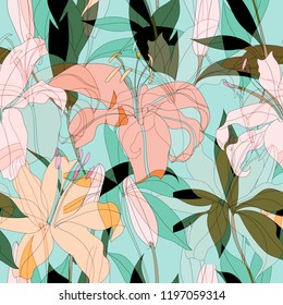 Beautiful seamless floral pattern background. Tropical flowers vector illustration.
