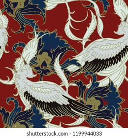 Beautiful seamless floral pattern background with flying birds.