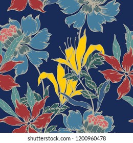 Beautiful seamless floral pattern background. Tropical flowers vector illustration.