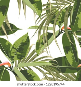 Beautiful seamless floral pattern background with exotic bright ficus elastica and palm leaves. Perfect for wallpapers, web page backgrounds, textile. White background.