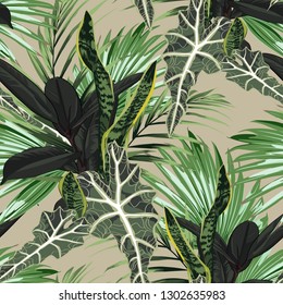 Beautiful seamless floral pattern background with tropical bright palm leaves and exotic ficus plants. Perfect for wallpapers, web page backgrounds, surface textures, textile. Vintage background.
