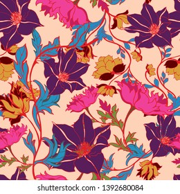 Beautiful seamless floral pattern background. Tropical flowers vector illustration.