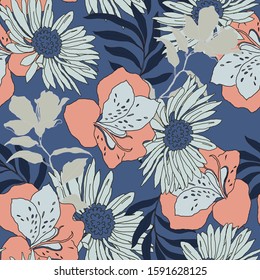 Beautiful seamless floral pattern background. Tropical flowers vector illustration.
