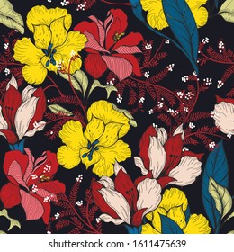 Beautiful seamless floral pattern background. Tropical flowers vector illustration.
