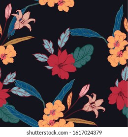 Beautiful seamless floral pattern background. Tropical flowers vector illustration.
