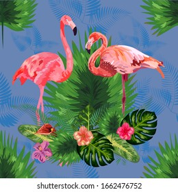 Hermoso fondo floral sin fisuras con flamencos rosas, flores tropicales.