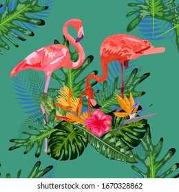 Hermoso fondo floral sin fisuras con flamencos rosas, flores tropicales.