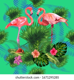 Beautiful seamless floral pattern background with pink flamingos, tropical flowers.
