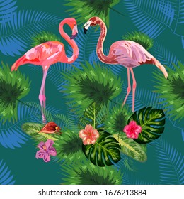 Beautiful seamless floral pattern background with pink flamingos, tropical flowers.