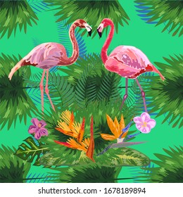 Beautiful seamless floral pattern background with pink flamingos, tropical flowers.