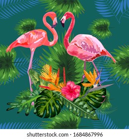 Hermoso fondo floral sin fisuras con flamencos rosas, flores tropicales.
