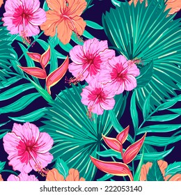 Beautiful seamless floral pattern background. Tropical flowers and plants 