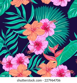 Beautiful seamless floral pattern background. Tropical flowers and plants 