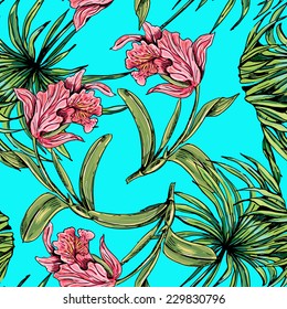 Beautiful seamless floral pattern background. Tropical flowers with palm leaves