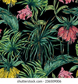 Beautiful seamless floral pattern background. Tropical flowers, palm tree, leaves and plants