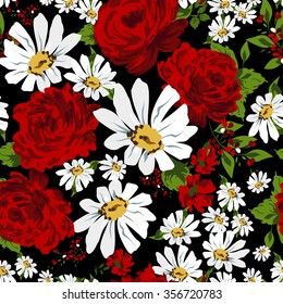 Beautiful seamless floral pattern background. Flower bouquets of red roses and camomile.