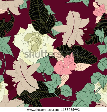Beautiful seamless floral pattern background. Tropical flowers vector illustration.