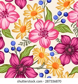 Beautiful seamless floral pattern with berries. Flower vector background.