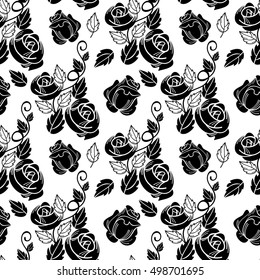 Beautiful seamless floral pattern. Black and white pattern with roses. Vector clip art.