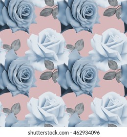 Beautiful seamless floral pattern with blue roses on pink background in pastel tones. Vector illustration.