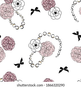 Beautiful seamless floral pattern with bows and beads.  Peony, Camellia and rose flowers. Template for postcards, fabrics, covers, flyers, banners.