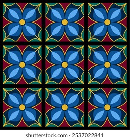 Hermoso patrón floral sin fisuras con una combinación de colores azul, verde, marrón y amarillo dorado. Adecuado para la decoración de interiores, textiles, Fondos de pantalla y varios proyectos creativos.