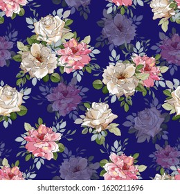 Beautiful seamless floral pattern with cream, pink flowers rose, green leaves on dark blue background. For valentine day, textile, wallpapers, wrapping paper. Watercolor style. Vector illustration.