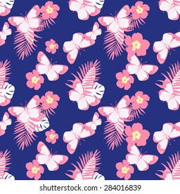 Beautiful seamless floral pattern with cute butterflies background print.