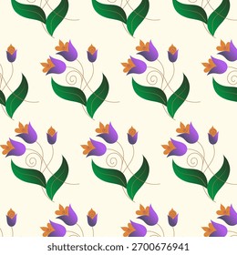 Hermoso patrón floral sin fisuras con flores púrpuras y amarillas con exuberantes hojas verdes. Perfecto para la tela, el Fondo de pantalla y el diseño de papelería.