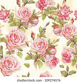 Beautiful seamless floral pattern, flower vector illustration. Elegance wallpaper with of pink roses on floral background.