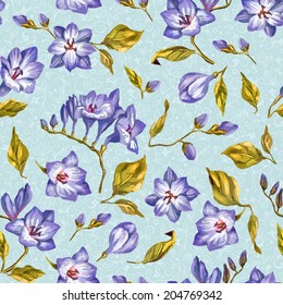  Beautiful seamless floral pattern, flower vector illustration. Elegance wallpaper with of blue freesia on floral background. Decorative Beautiful vector illustration texture. 