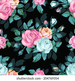 Beautiful seamless floral pattern, flower vector illustration. Elegance wallpaper with of blue roses on floral background. Decorative Beautiful vector illustration texture. 