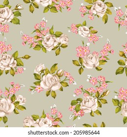 Beautiful seamless floral pattern, flower vector illustration. Elegance wallpaper with of  roses and forget-me-not on floral background. Decorative Beautiful vector illustration texture. 